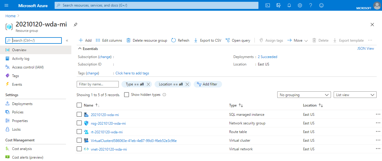 Captura de ecrã dos recursos da Instância Gerida SQL no portal do Azure.