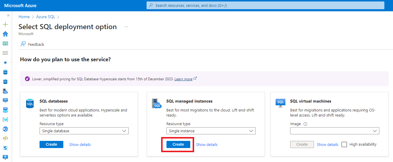 Captura de tela da página de implantação SQL selecionada no portal do Azure.