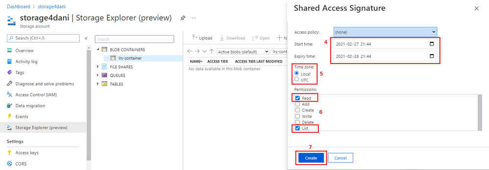 Captura de tela que mostra seleções para expiração de token SAS, fuso horário e permissões, juntamente com o botão Criar.