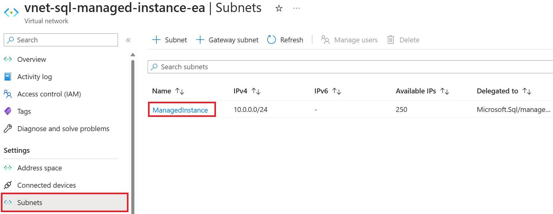 Captura de ecrã da página de sub-rede da instância SQL gerida do portal do Azure, com a sub-rede selecionada.