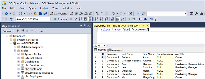 Captura de ecrã a mostrar SQL Server Management Studio Object Explorer para validar a migração no SSMA.