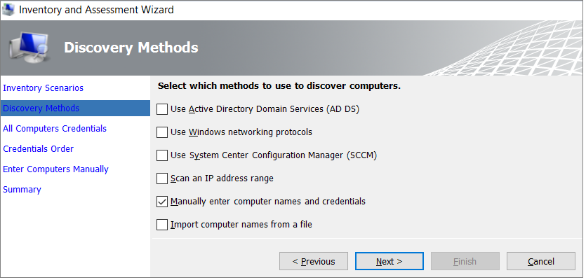 Screenshot that shows the Discovery Methods page of the Inventory and Assessment Wizard.