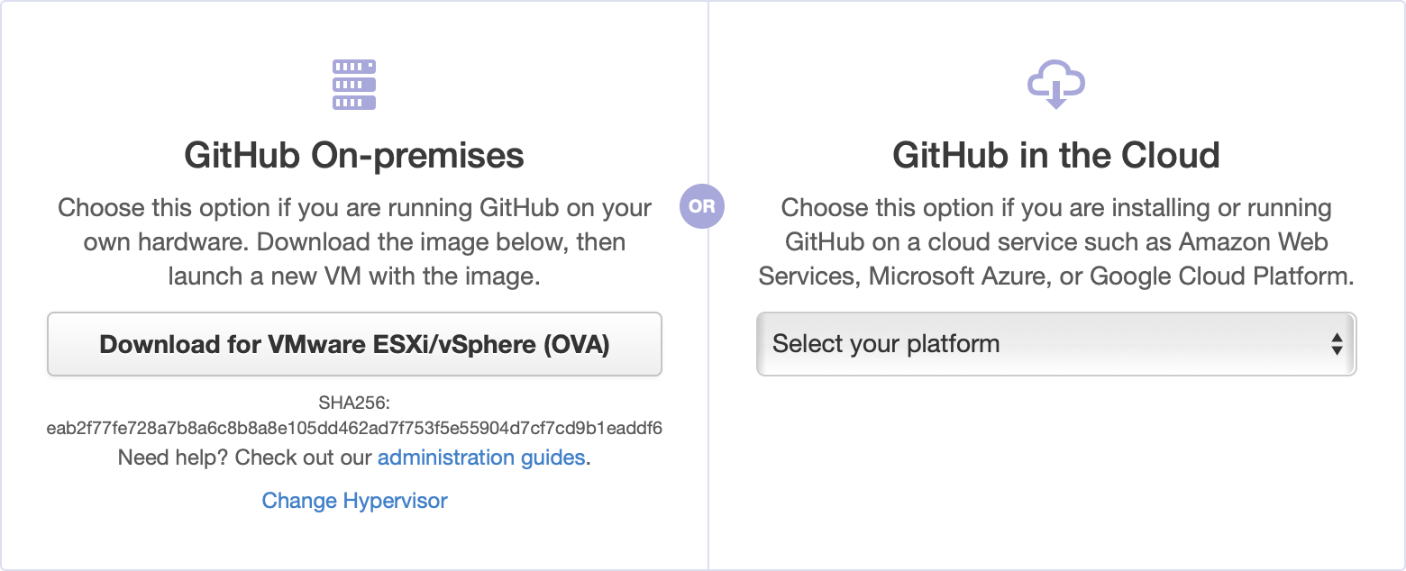 Captura de tela mostrando as opções de instalação do GitHub Enterprise Server no VMware.