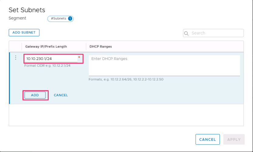 Captura de tela mostrando o endereço IP do gateway para o novo segmento.