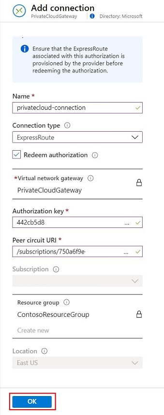 Captura de tela que mostra o painel para adicionar uma conexão de Rota Expressa a um gateway de rede virtual.