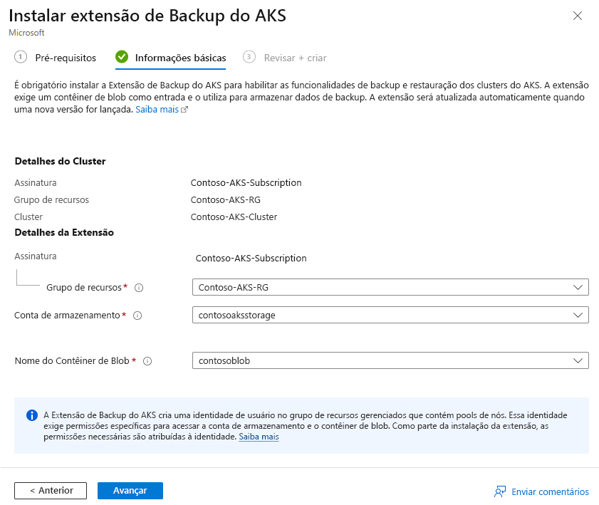 Captura de tela que mostra como adicionar detalhes de armazenamento e blob para backup.