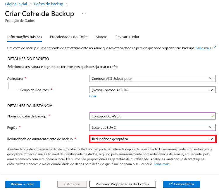 A captura de tela mostra como habilitar o parâmetro Backup Storage Redundance.