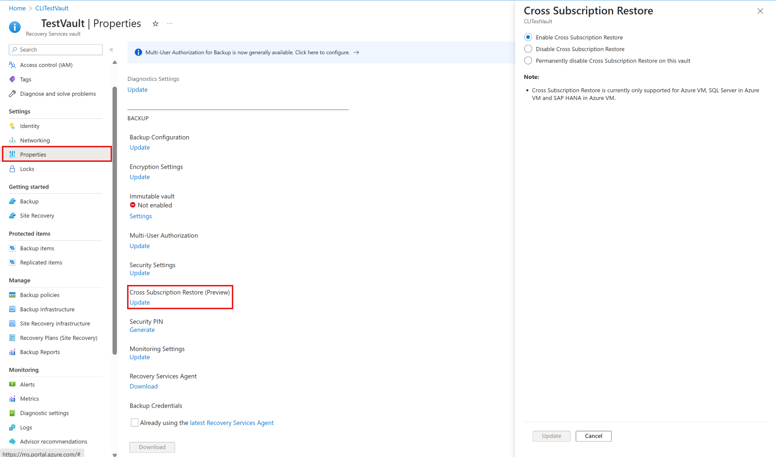 A captura de tela mostra como modificar as configurações de restauração entre assinaturas.