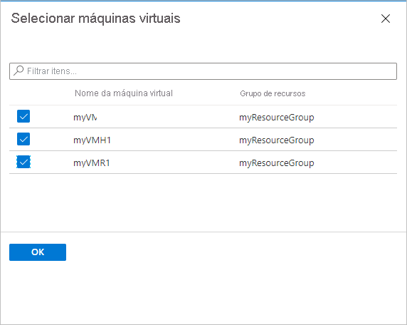 Captura de ecrã a mostrar a folha Selecionar máquinas virtuais.