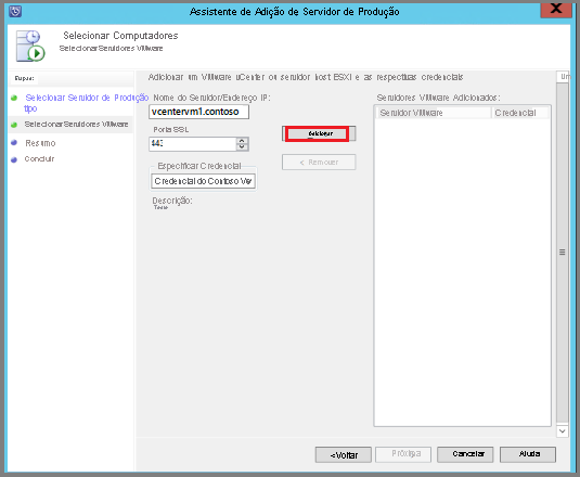 Screenshot shows how to add the VMware server and credential.