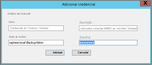 Screenshot shows the Azure Backup Server Add Credential dialog box.