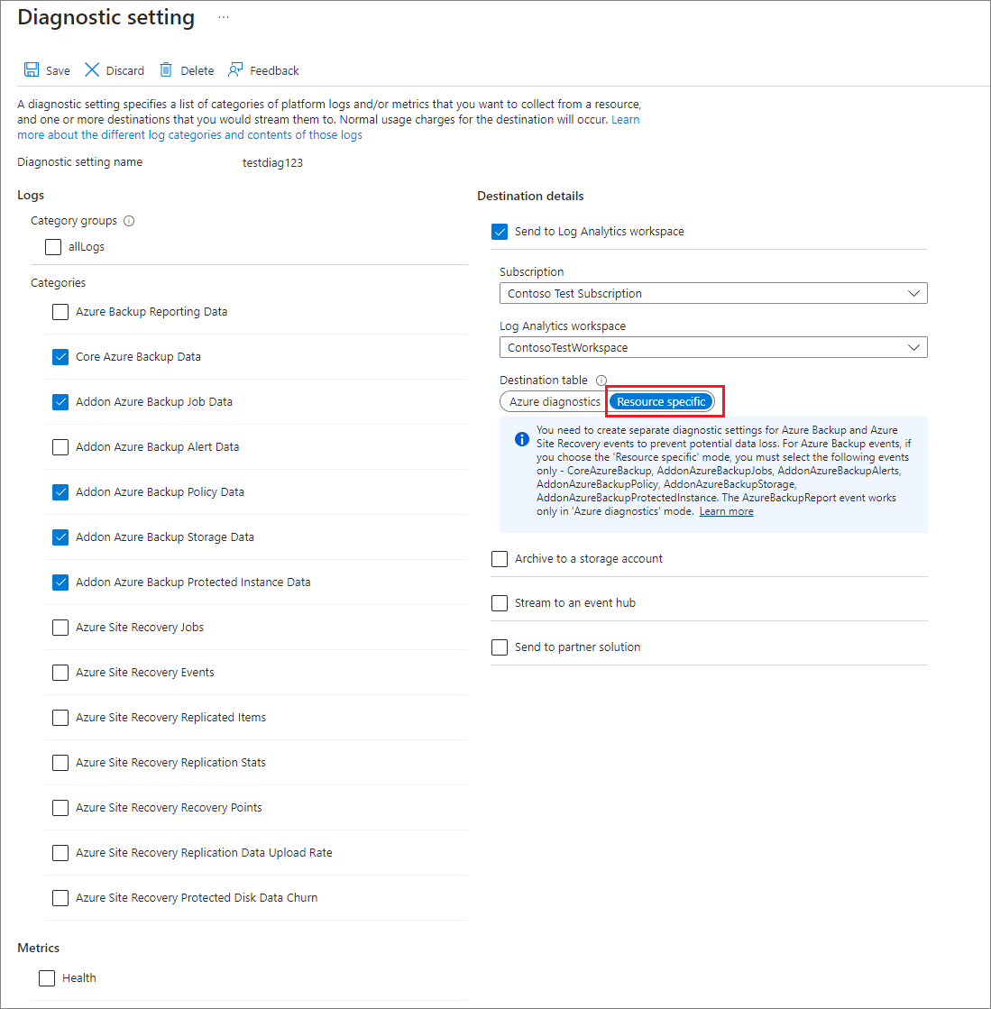 A captura de tela mostra as configurações de diagnóstico do cofre dos serviços de recuperação.