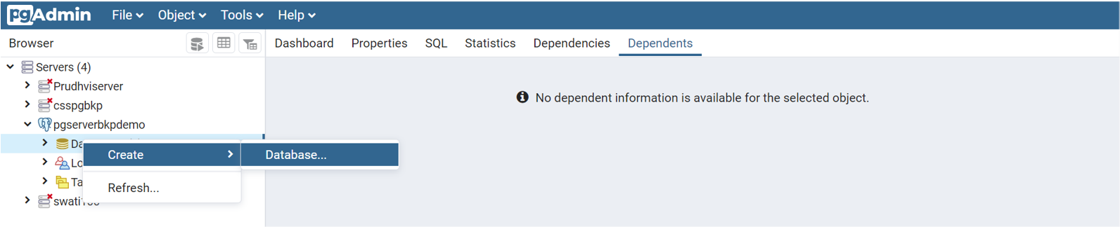 Captura de tela mostrando o processo para adicionar novos bancos de dados e usuários de banco de dados ao servidor.