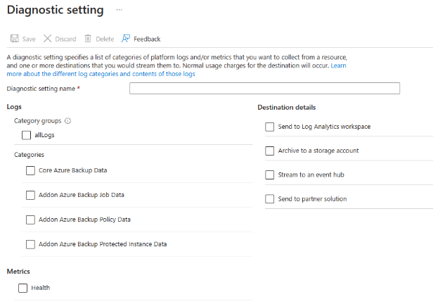 A captura de tela mostra as configurações de diagnóstico do cofre de backup.