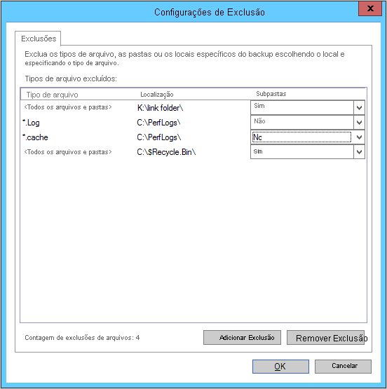 A captura de tela mostra como selecionar tipos de subpasta.