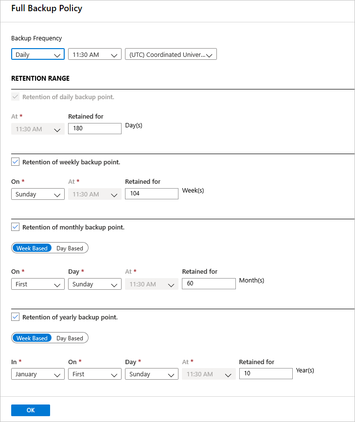 Selecionar frequência de backup