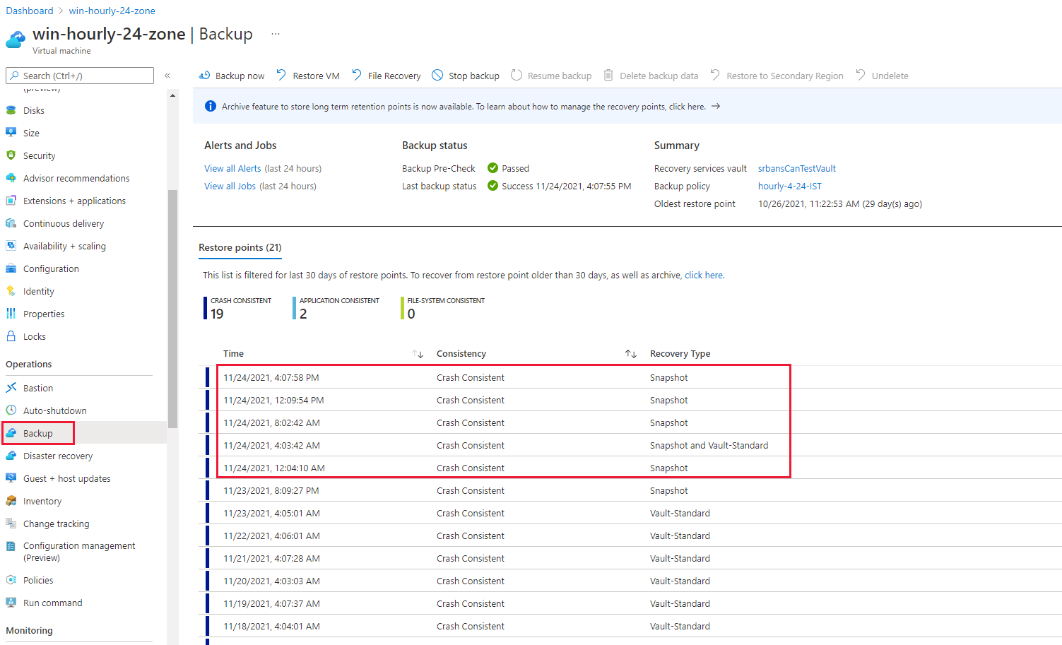 Captura de tela mostrando as várias instâncias de backup ocorridas em um dia.