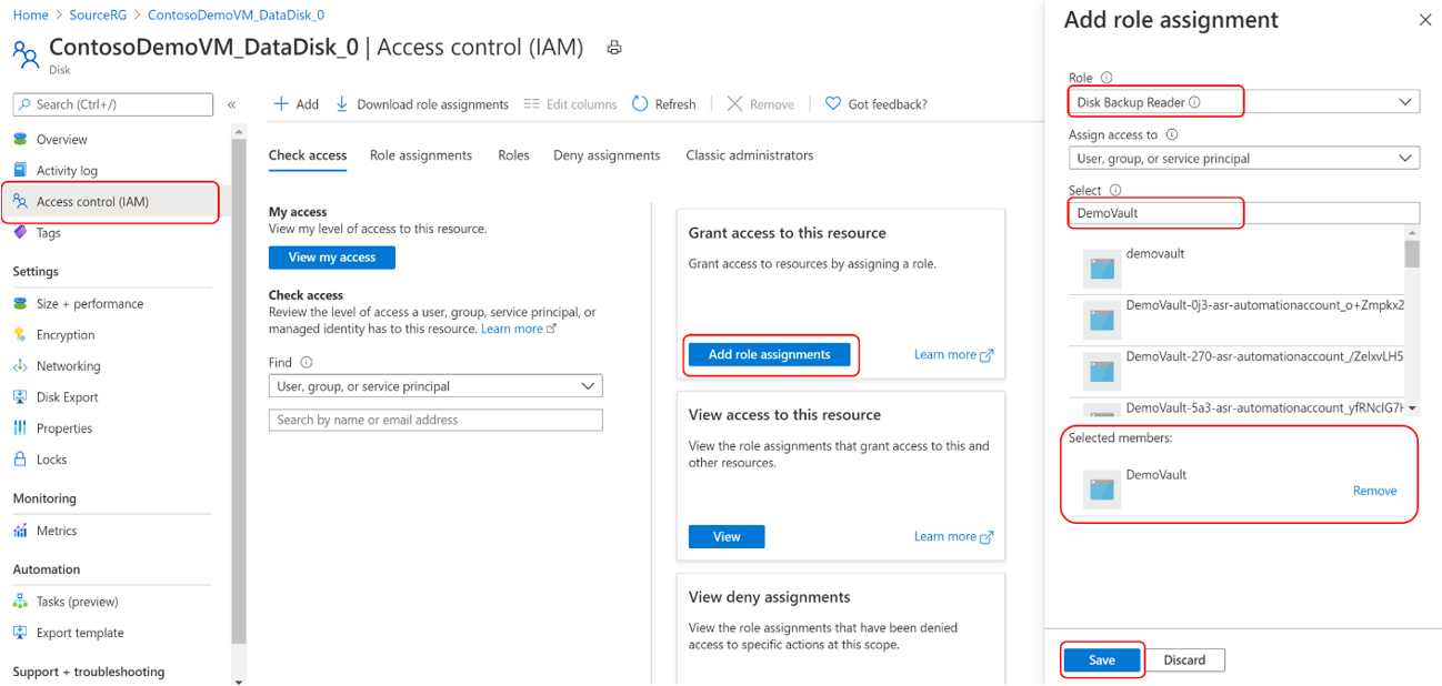 Captura de tela mostrando o processo para atribuir a função Leitor de Backup de Disco à identidade gerenciada do cofre de Backup no disco de origem do qual é necessário fazer backup.