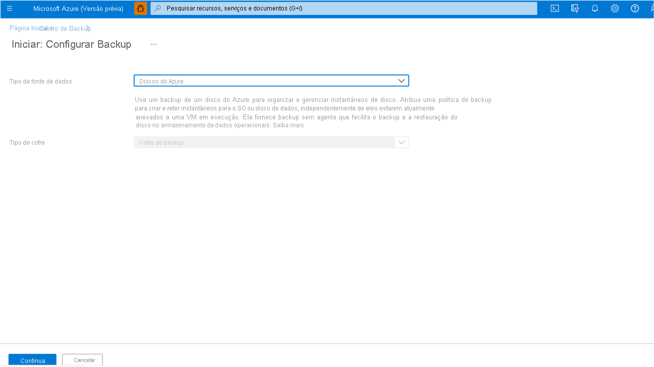 Captura de ecrã a mostrar o processo para selecionar Discos do Azure como Tipo de proteção de dados.