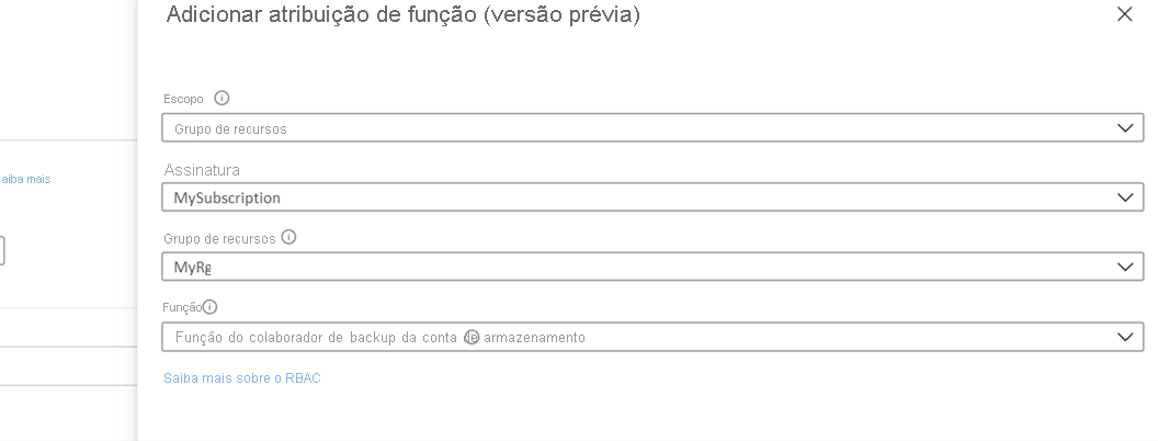 Selecione a função de colaborador de backup de conta de armazenamento