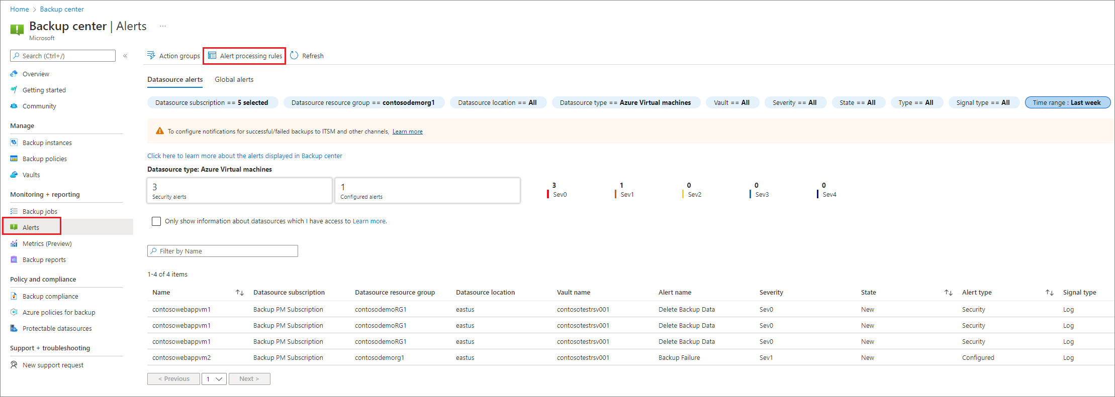 Captura de ecrã a mostrar a folha de regras de processamento de alertas no portal.