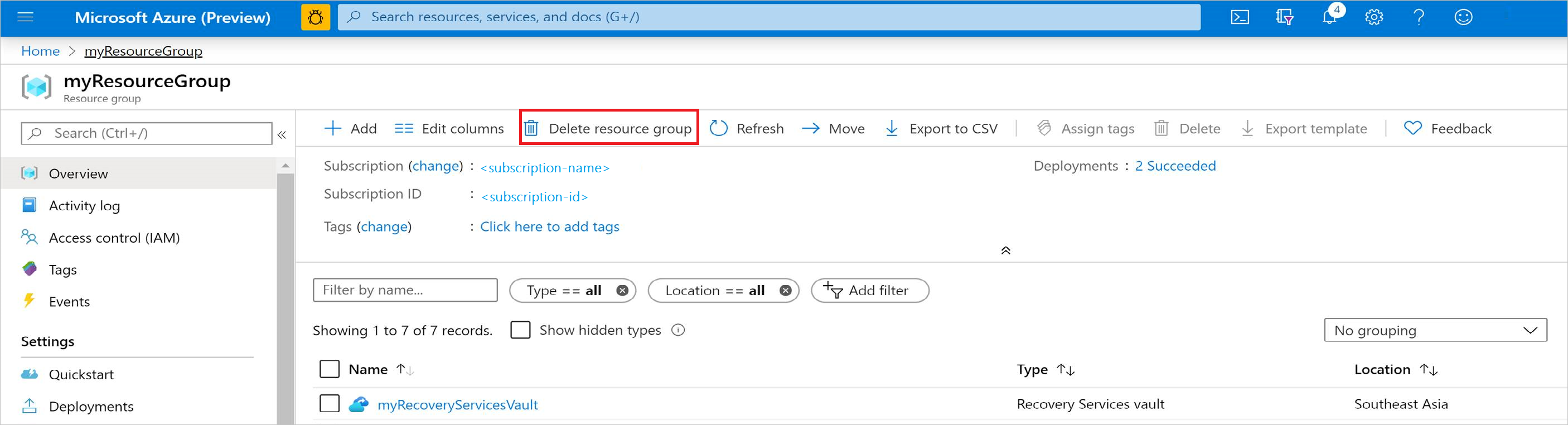 Captura de ecrã a mostrar como eliminar o grupo de recursos do portal do Azure.