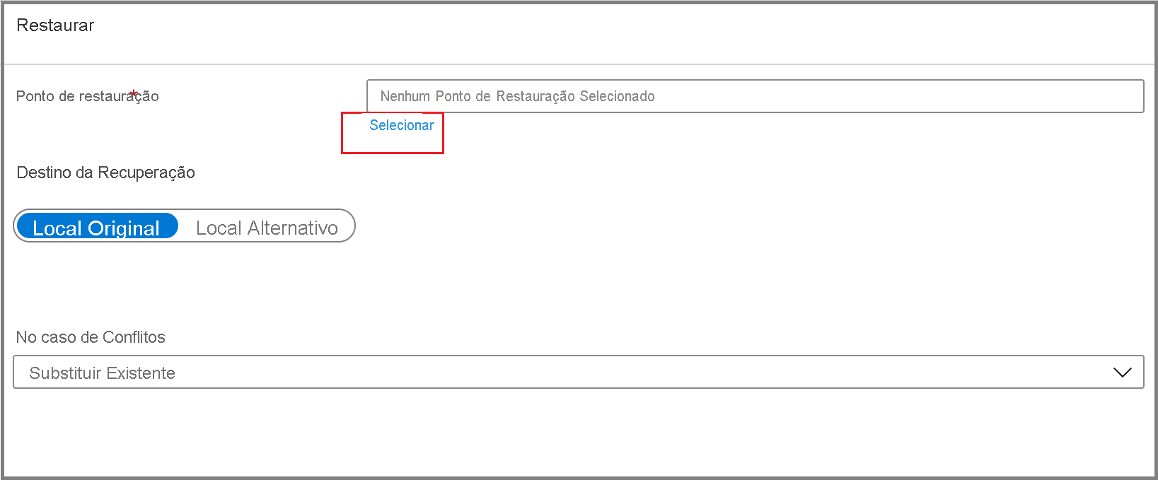 A captura de tela mostra como selecionar o ponto de restauração escolhendo o link Selecionar.