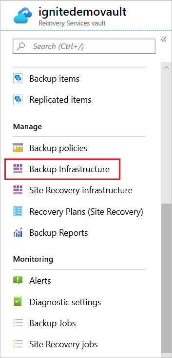 Captura de tela que mostra o link 'Infraestrutura de backup' no painel dos Serviços de Recuperação.