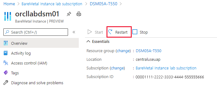 Captura de tela mostrando como reiniciar a instância BareMetal.