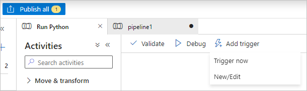 Captura de tela de Validar, Depurar, Publicar tudo e Adicionar seleções de gatilho no Data Factory.