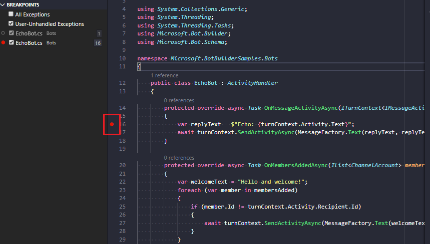 Uma captura de tela de um ponto de interrupção C# definido no Visual Studio Code.