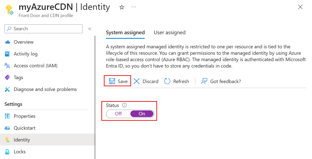 Captura de ecrã da página de configuração de identidade gerida atribuída ao sistema.