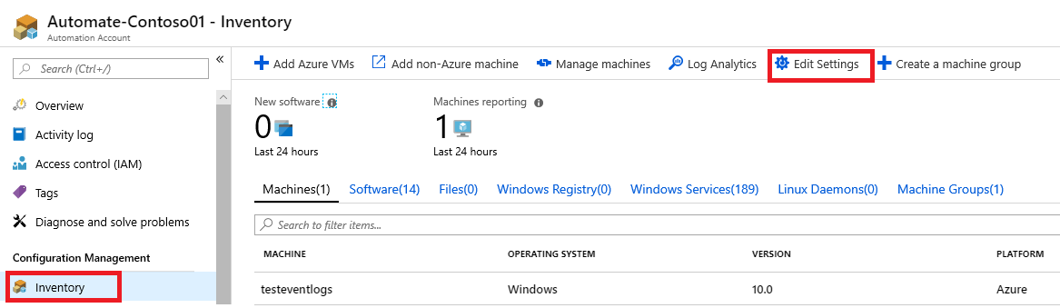 Captura de ecrã da vista Inventário de Automatização do Azure no portal do Azure.