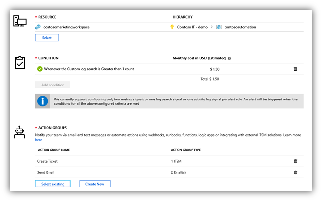 Captura de ecrã do resumo da regra de alerta de exemplo no portal do Azure