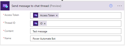 Captura de tela que mostra a caixa de diálogo de ação Enviar mensagem de chat do conector dos Serviços de Comunicação do Azure.