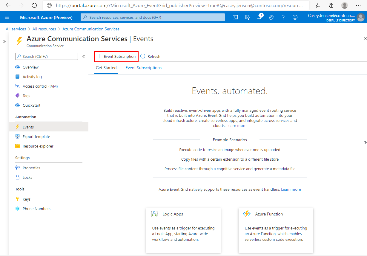 Captura de ecrã que mostra a página Eventos de um recurso Azure Communication Services. O botão Subscrição de Eventos está destacado.