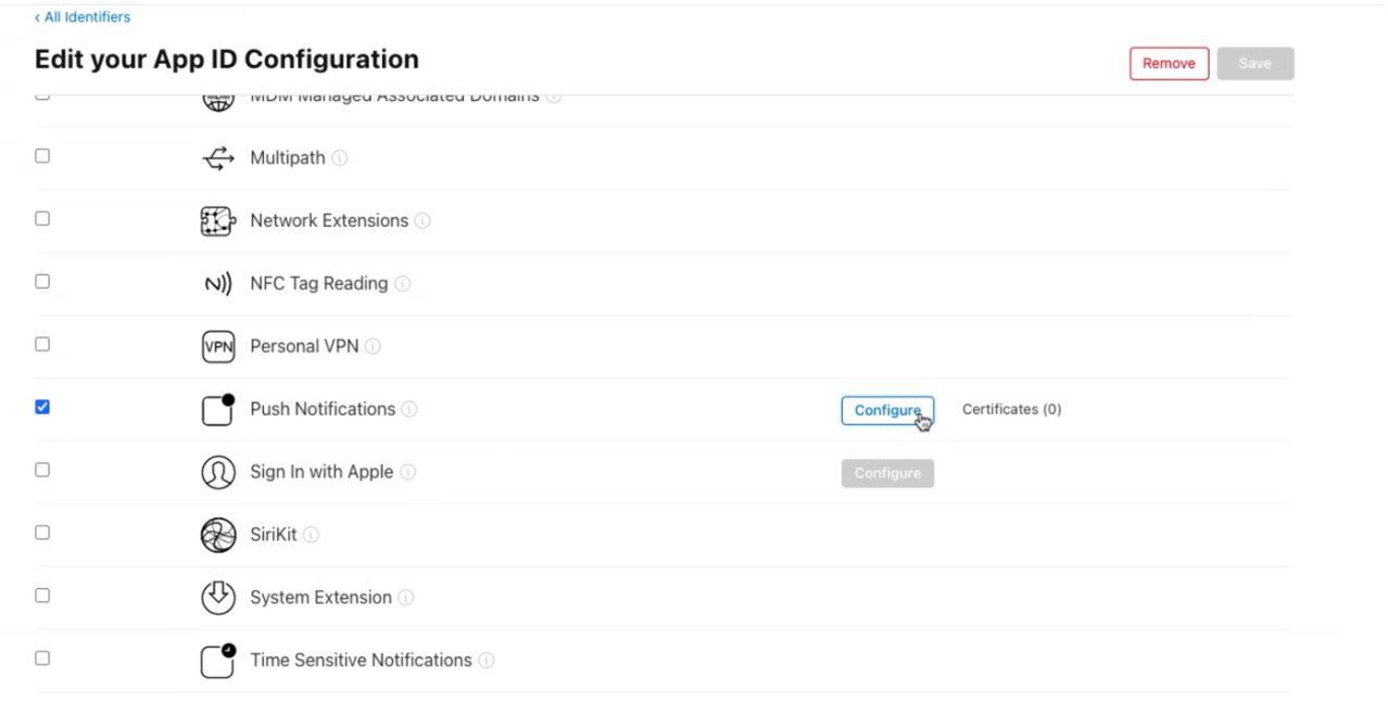 Captura de tela que mostra opções para editar uma configuração de ID de aplicativo.