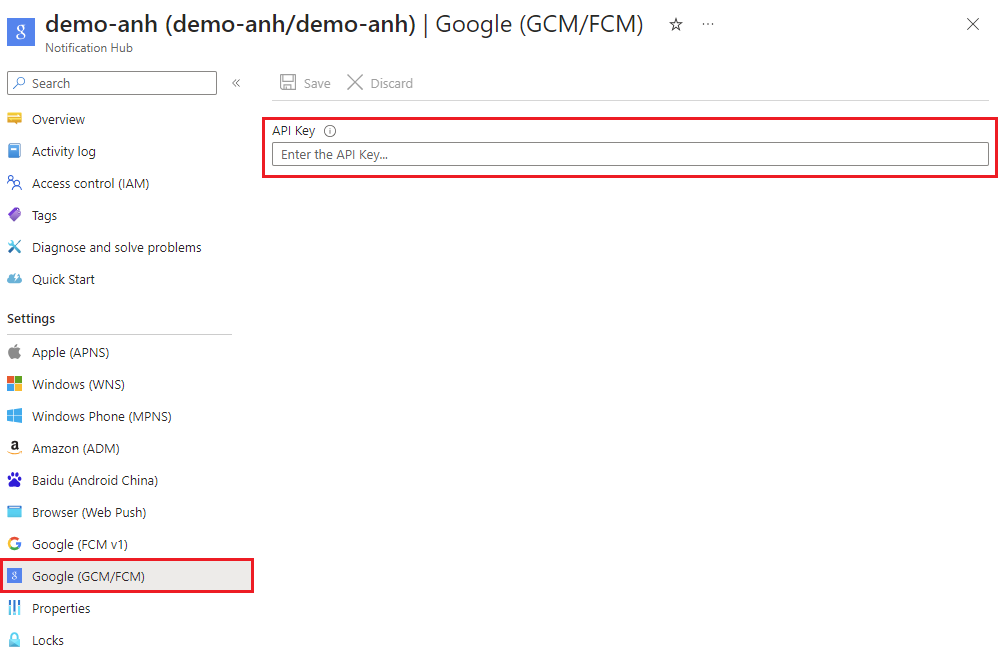 Captura de tela de como remover credenciais herdadas para GCM/FCM das configurações do portal do Azure.