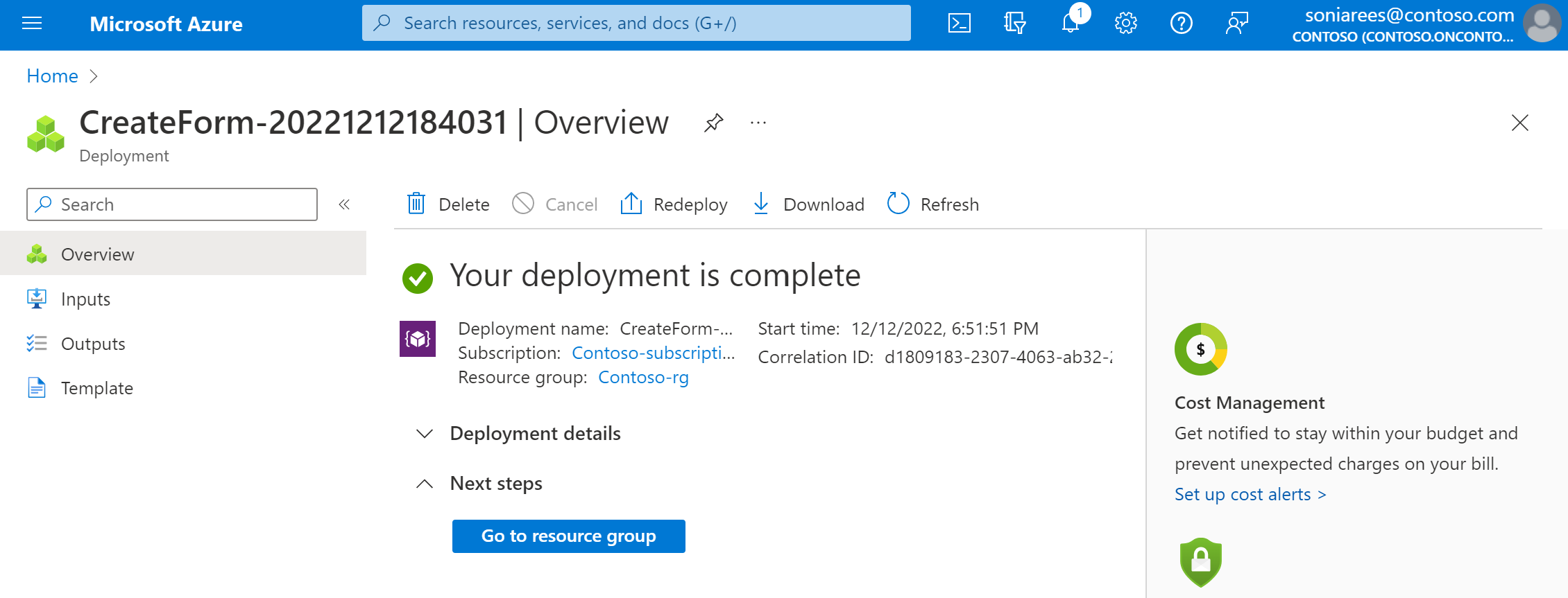 Captura de tela do portal Criar um Gateway de Comunicação do Azure, mostrando uma tela de implantação concluída.