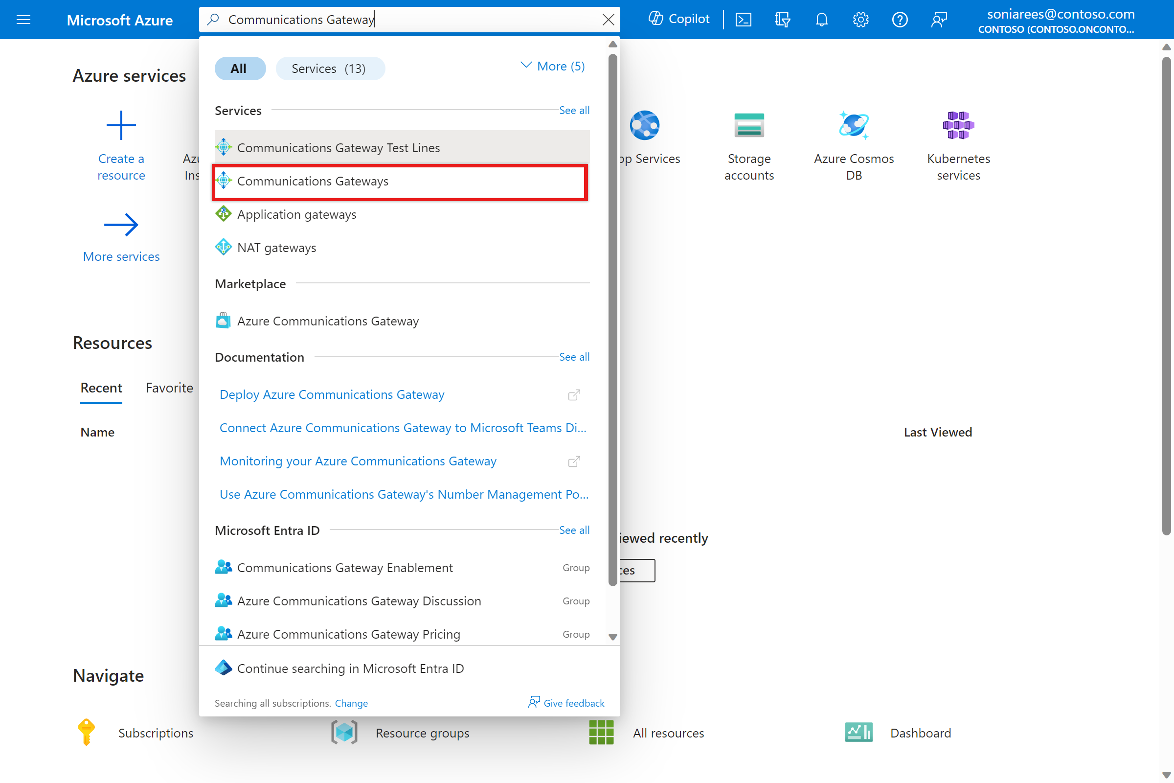 Captura de ecrã do portal do Azure. Ele mostra os resultados de uma pesquisa para o Azure Communications Gateway.