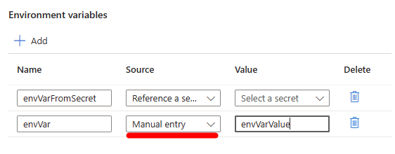 Captura de tela da seção Configurações do ambiente de imagem de contêiner da Revisão do aplicativo de contêiner com uma das fontes de ambientes selecionadas como Manual.