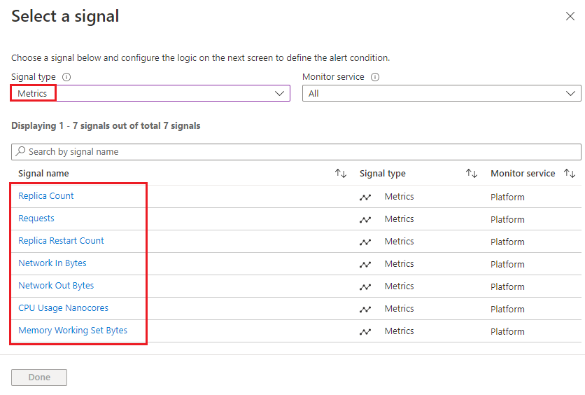 Captura de ecrã do editor de regras de alerta do explorador de métricas que mostra o painel Selecionar um sinal.