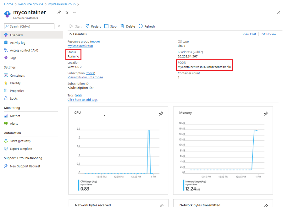 Descrição geral do grupo de contentores no portal do Azure