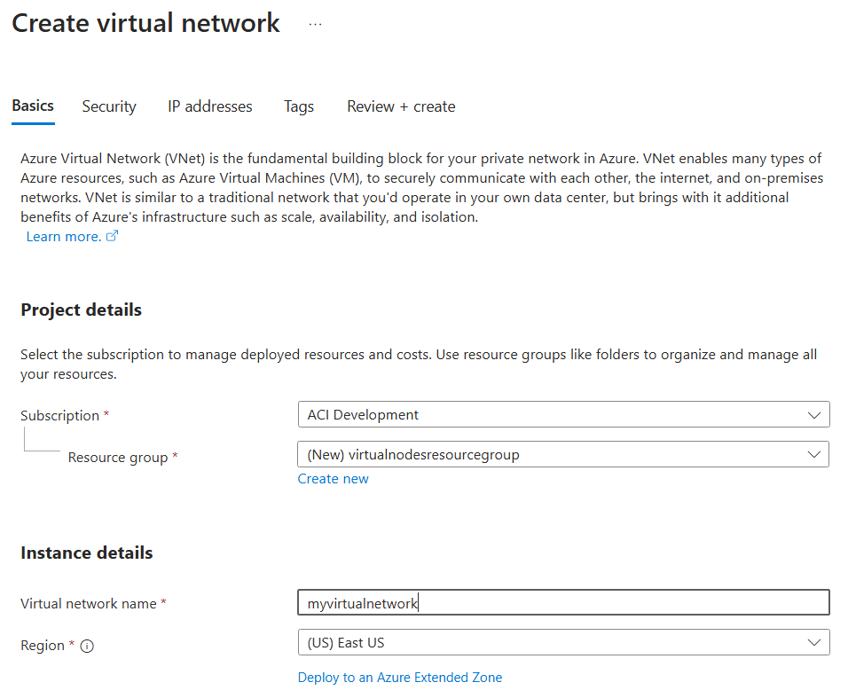 Captura de ecrã a mostrar como configurar a página Noções básicas para a criação de rede virtual no portal do Azure.