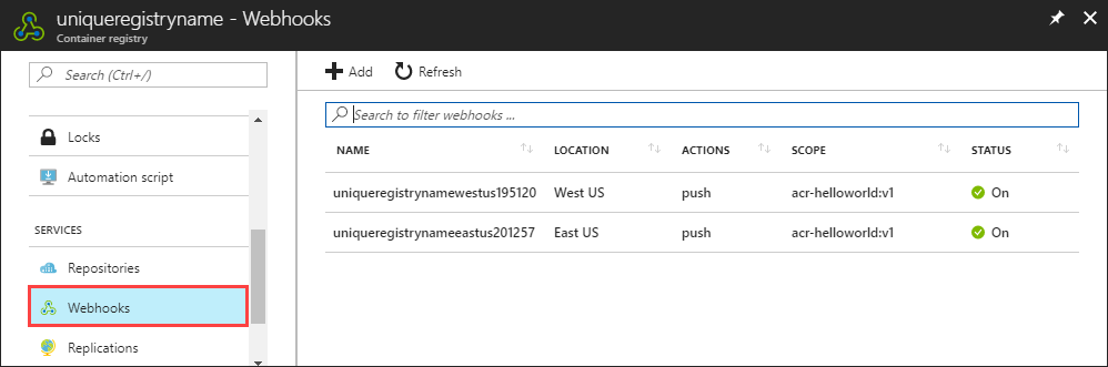 Webhooks de registo de contentor no portal do Azure