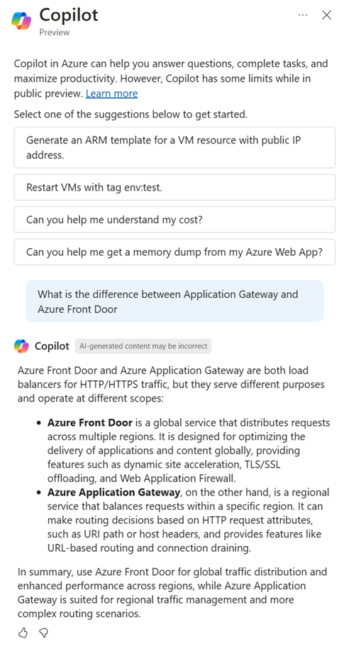 Captura de ecrã do Copilot no Azure a descrever a diferença entre o Azure Application Gateway e o Azure Front Door.