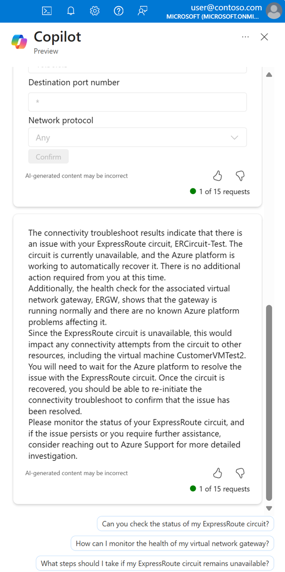 Captura de ecrã do Copilot no Azure a analisar o caminho de dados para a VM e a mostrar as possíveis razões para o problema de conectividade.