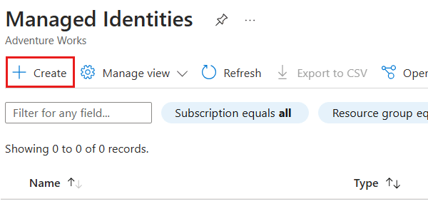 Captura de ecrã da opção 'Criar' no painel de Identidades Geridas.