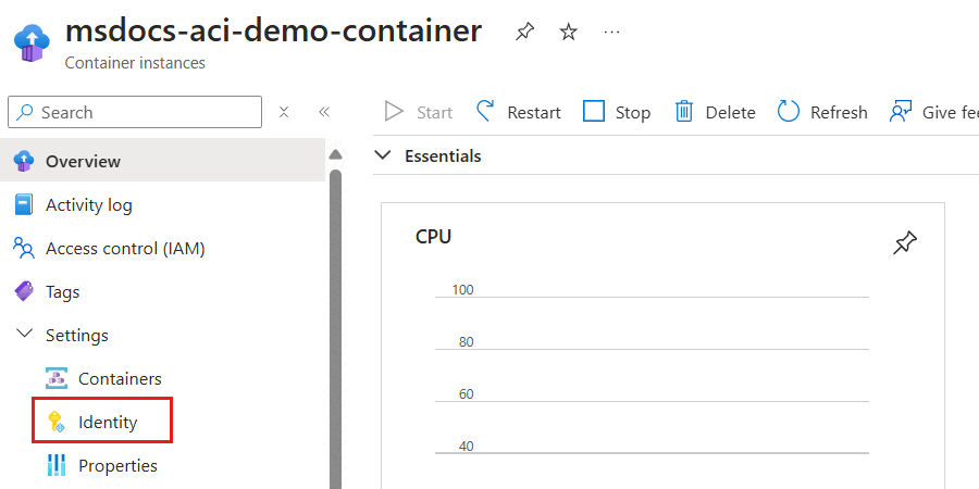 Captura de tela da opção 'Identidade' no menu de serviço para a instância do contêiner.