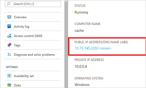 Captura de ecrã a mostrar um endereço IP público para uma máquina virtual apresentado no portal do Azure